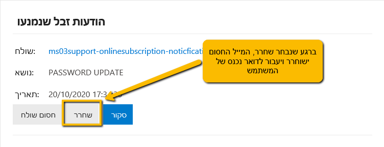 ברגע שנבחר שחרר המייל החסום ישוחרר ויעבור לדואר נכנס של המשתמש